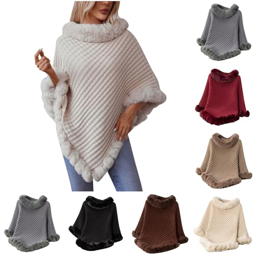 HGps8w Women's Winter Fur Trim Irregular Hem Shawl Wrap - Cozy Warm Loose Pullover Knitted Poncho Cape Cardigans Shawls2