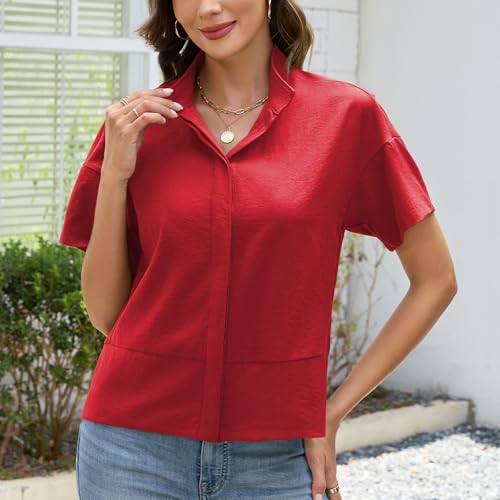 Ainangua Women Casual Button Down Shirts Oversized Short Sleeve Stand Collar Tops Trendy Work Blouses Summer Travel Outfits(Red,S)4