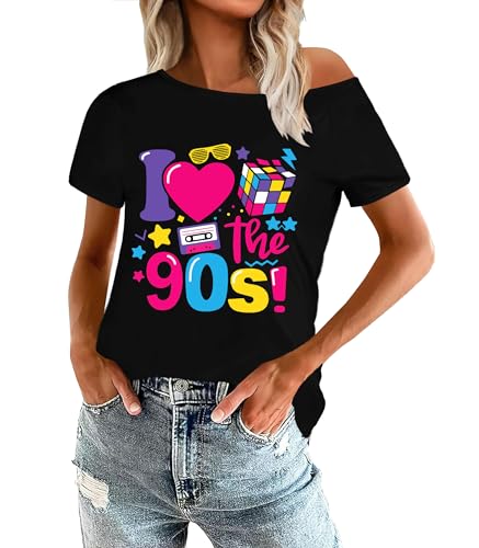 OCURHU 90s Outfits for Women I Love The 90s Shirts Retro Short Sleeve Off The Shoulder Tops Black L