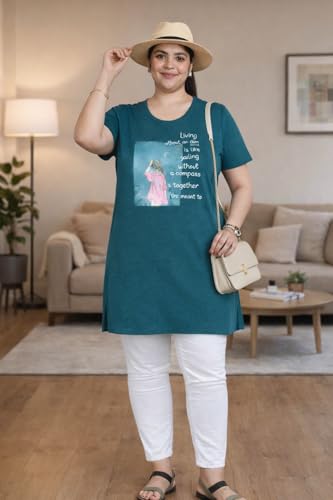 Image of RYSH Women's Printed Cotton Plus Size Longline T-Shirt with Pockets | Cotton fabric - soft longline T-shirt with easy plus-size fit