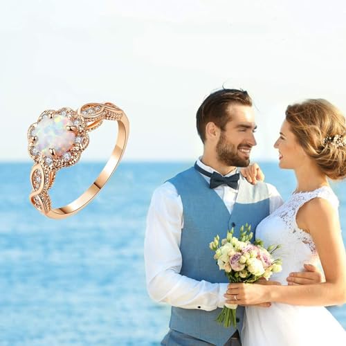 DIYA Opal Engagement Ring 925 Sterling Silver Rose/White/Yellow Gold Plated Opal Rings for Women Moissanite Wedding Ring for Women Anniversary Birthday Valentine's Day Christmas Gift for Wife Size 6-92