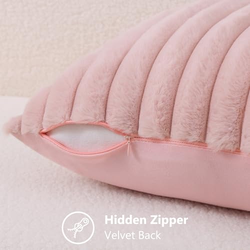 Image of decorUhome Fall Cozy Faux Fur Throw Pillow Covers 12x20 Set of 2 Decorative Soft Plush Striped Lumbar Modern Farmhouse Boho Couch Pillow Cases with Velvet Back for Sofa Bed Living Room, Pink