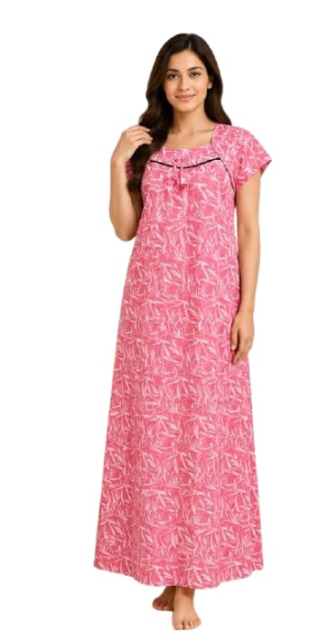 Brand Women's 100% Cotton Printed Full Length Nighty | Maxi Night Gown | Short Sleeve Sleepwear | Comfortable Lounge Wear-image-16