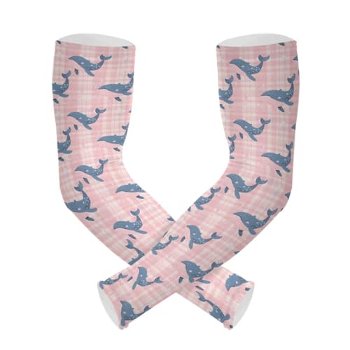 ALAZA Pink Plaid Whale Gardening Sleeves Cooling Arm Sleeves Sun Protection Thumb Hole Arm Covers for Women Men