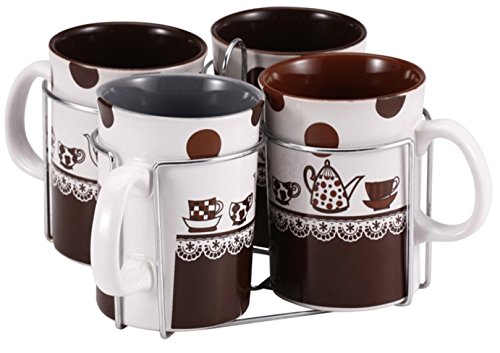 Wellberg 280ml Ceramic Coffee Mug Set of 4 with Metal Holder, Brown and White | Dishwasher & Microwave-Safe Tea & Coffee Cups for Hot Drinks | Kitchen Accessories & Drinkware, Hot Chocolate Mug Set