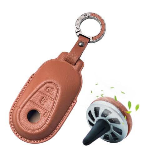 Image of Keyzone Premium Leather Key Cover & AC Vent Car Perfume Combo (4 Fragrances) | Compatible for Mercedes Benz S-Class, G-Class, E-Class 2022 Onwards 3 Button Smart Key (Brown)