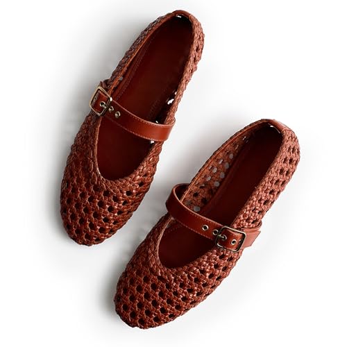 Woven Flats for Women, Elegant Round Head Ballet Design with Mary Jane Style, Pull-On Formal Shoes