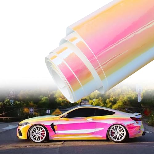 AuMoHall Holographic Rainbow Pink Car Vinyl Wrap Chameleon Color Change High Gloss Self Adhesive Car Vinyl Film Roll, 53.14'' x 23.62''
