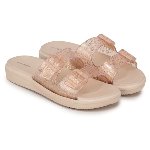 Image of TRASE Women's Glitter Slide Slippers| Double Strap Flat Slippers With Soft Cushioned Sole | Lightweight, Comfortable And Waterproof Slip-on Chappal | Stylish Daily And Casual Use Flip Flops