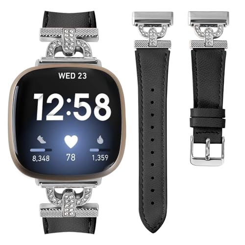 Luxe Leather Bands Compatible With Fitbit Versa 4/Versa 3/Sense 2/Sense Bands For Women D-shaped Bling Metal Buckle Replacement Straps.