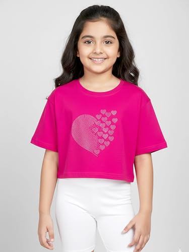 Image of KiddoPanti Girls 100% Cotton Solid Drop Shoulder Half Sleeve Round Neck Crop Tee