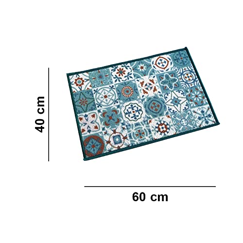 Image of Matz&More Tiles Azulejos Floor Mat | 40x60 CM | Turquoise | Nylon Tufted Gel Baking Anti-Slip | Doormat for Home Entrance, Kitchen & Bedroom