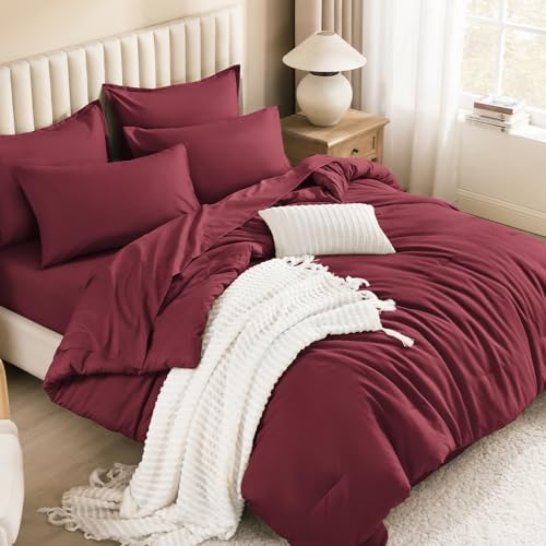 Image of Litanika Super King Plus Comforter Sets Burgundy - 7 Pieces Bed in a Bag Beddding Sets, Solid Lightweight Bed Set with Comforter, Sheets, Pillowcases & Shams