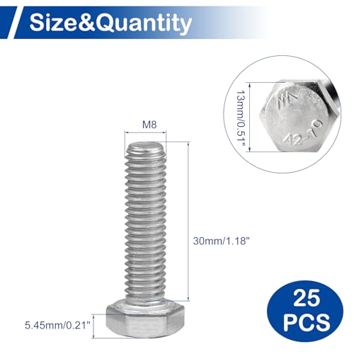 Image of MroMax 25Pcs M8-1.25 Hex Bolts, M8 x 30mm Hex Head Screws Bolts | 304 Stainless Steel 18-8, Fully Threaded, External Hex Drive, for Electrical Cabinet Assembly and Guide Rail Securing