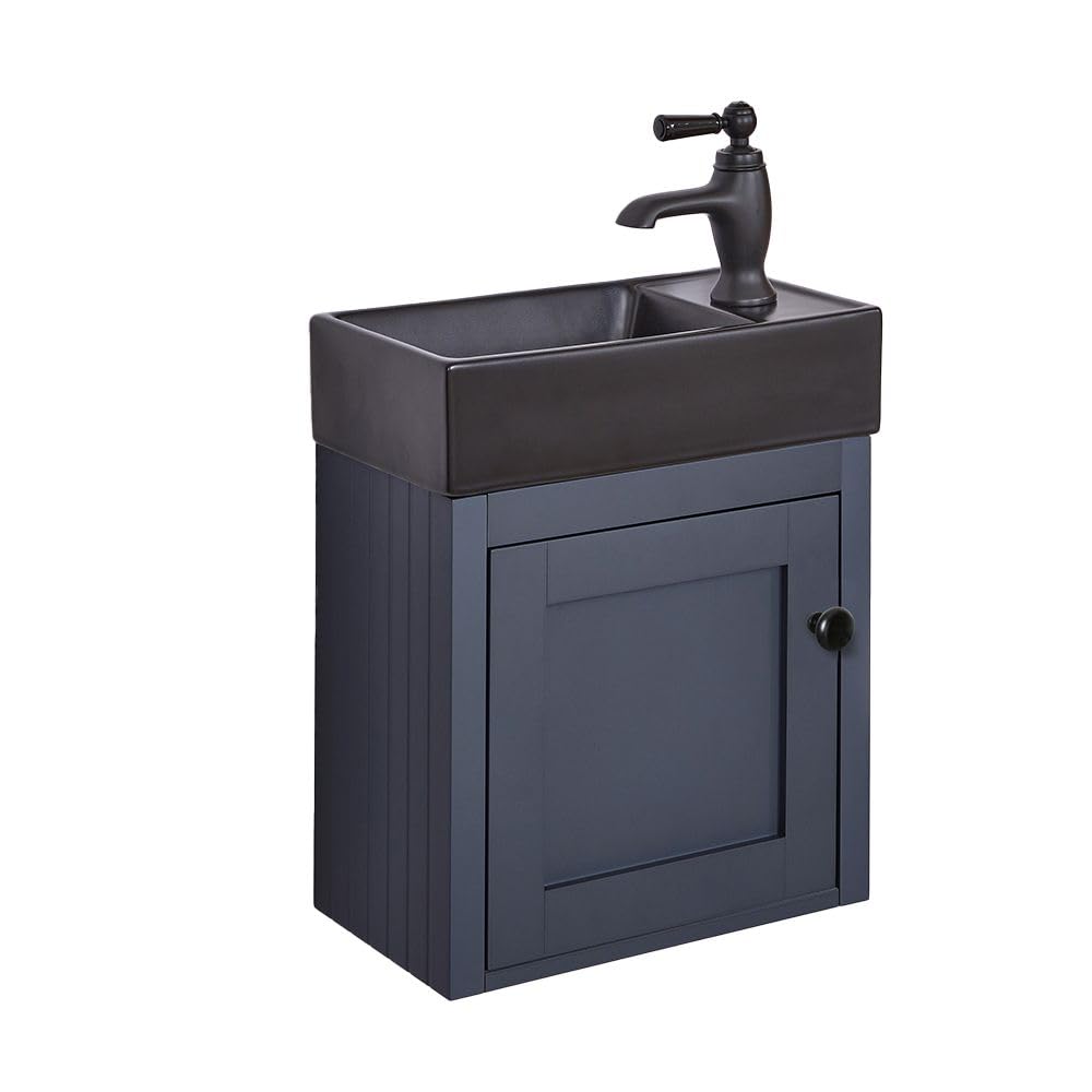 Milano Black (Round) Thornton Black Grey 400Mm Wall Hung Bathroom Vanity Unit Black Basin Black Handle