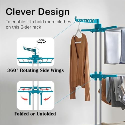 Image of JD FRESH Stainless Steel 2 Tier Big Clothes Drying Stand /Foldable Laundry Rack /Cloth Dryer /Hanger for Clothing /Outdoor /Indoor /Balcony Space Saver for Home (Blue)