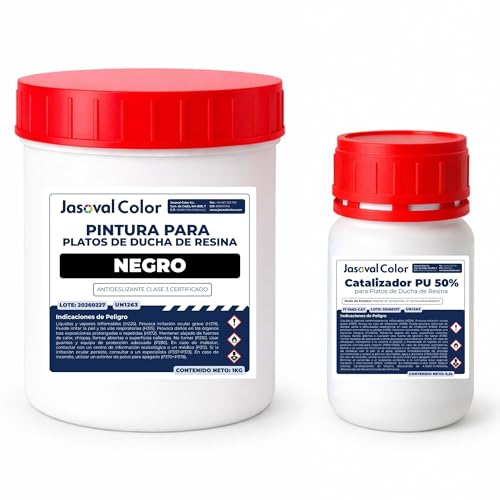 Jasoval Color Pintura para Plato de Ducha de Resina Antideslizante   Kit de Reparación para Plato de Ducha sin Obras   (Negro, 1,5 kg)