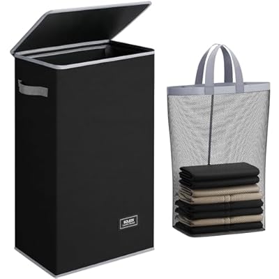 SOLEDI Slim Laundry Hamper with Lid, Narrow Laundry Basket with Removable Bags, Dirty Clothes Hamper with handle, Small Hamper perfect for Laundry room, Bathroom, Bedroom, Small spaces. 70L Black