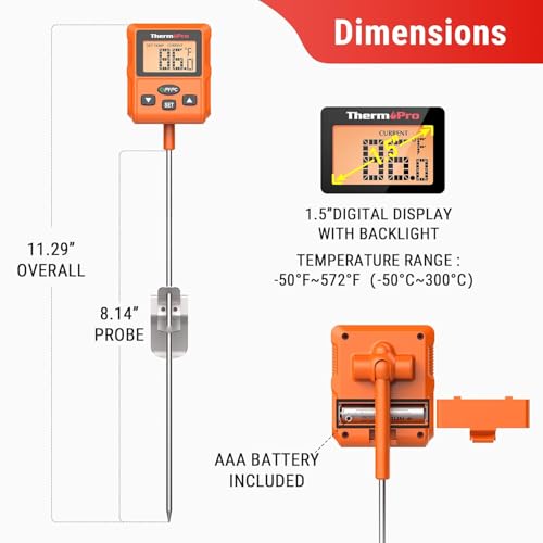 Image of LABART ThermoPro Digital Instant Read Kitchen Food Thermometer TP511, Deep Fry Candy Thermometer With Pot Clip & Backlight & 8 inch Long Probe Cooking Thermometer For Frying Oil, Liquids, Sugar, Meat, Bbq