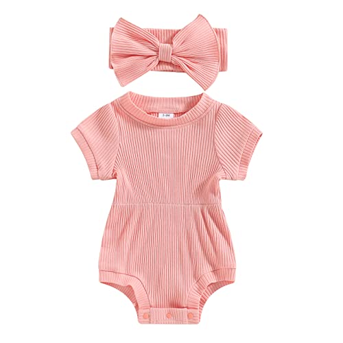 Image of Karwuiio Newborn Baby Girl 2 Piece Outfits Short Sleeve Knit Jumpsuit Romper with Headband Summer Clothes