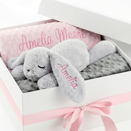 Personalized Baby Blanket and Plush Bunny Set Custom Baby Blankets and Rabbit with Name Personalized 2 in 1 Gift Set for Boy Girl Toddlers Minky Dot Swaddle Gift Set for Showering Birthday