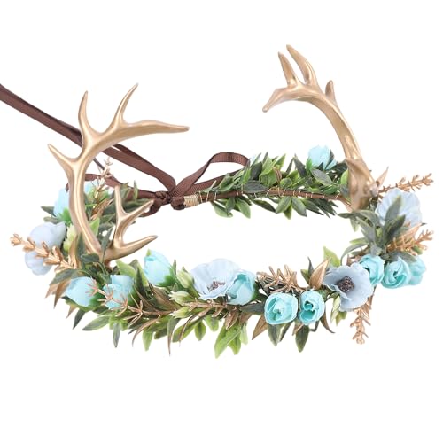 KorViSHOW Fairy Antler Flower Crown Forest Woodland Blue Flower Headband with Gold Deer Horns Fantasy Renaissance Elf Floral Headpiece for Women Renfaire Outfit Halloween Costume Cosplay Accessory