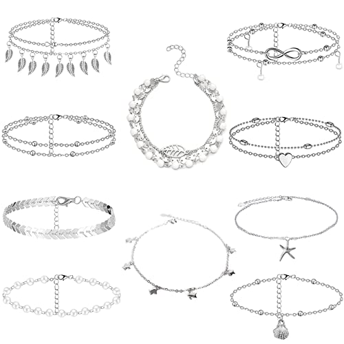 NMBCH Tobillera Mujer Plata Conjunto, 10 Piezas Bohemio Tobilleras Mujer Plata, Tobilleras Playa Ajustable para el Tobillo Para Mujer, Tobillera Mujer Estilo Clásico De Cadena Cover