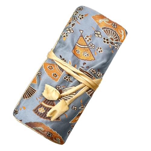 Wei Long Jewelry Roll, Travel Jewelry Roll Bag, Silk Embroidery Brocade Jewelry Organizer Case with Tie Close (Fan, Blue)