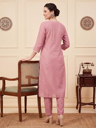 Image of INDO ERA Women's Cotton Blend Solid Straight Kurta Palazzo With Dupatta Set