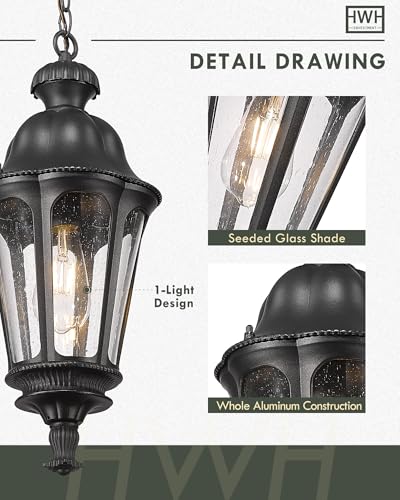 Image of Outdoor Pendant Lights for Porch, HWH 20'' Large Outdoor Chandelier for Gazebo with Seeded Glass, Exterior Hanging Lantern Light Fixtures, Matte Black Finish, 5HW90H-M BK