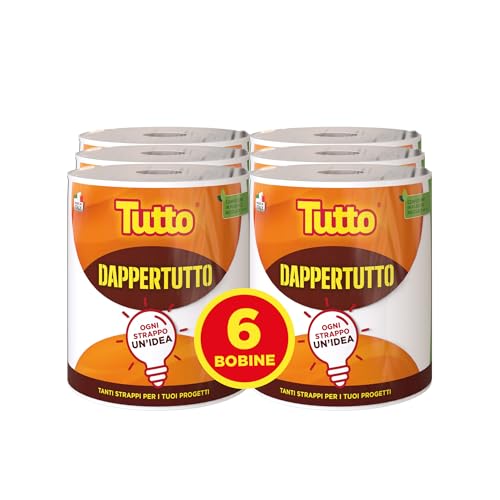 Tutto Nuova Bobina Dappertutto 400 Strappi 2 Veli, 6 Pezzi, Carta Multiuso Super Assorbente, 100% Made in Italy