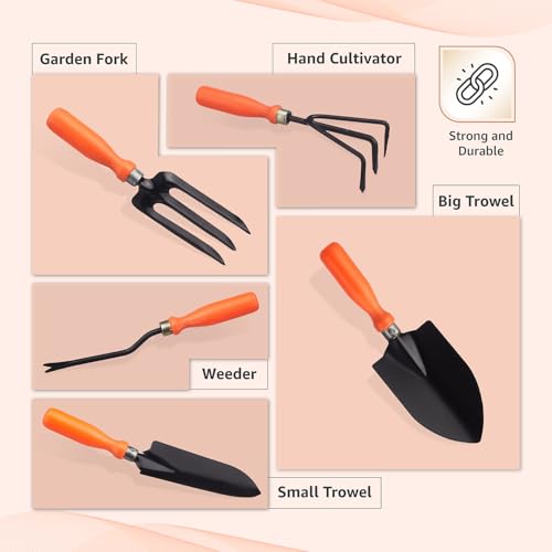 Image of Amazon Brand - Solimo 5-Piece Gardening Tool Kit | Hand Cultivator, Hand Fork, Large & Small Trowels, Weeder | Gardening Tools Set for Home Gardens | Great for Gifting
