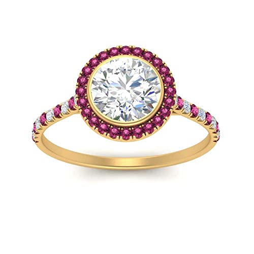 Image of 55Carat Choose Your Gemstone Bezel Round Halo Pave Diamond CZ Ring Yellow Gold Plated Round Shape Halo Engagement Rings Everyday Jewelry Wedding Jewelry Handmade Gifts for Wife US Size 4 to 12