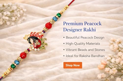 Image of Riddhika Ventures Glorious Gold Plated Meenakari Peacock Rakhi with Roli Chawal and Greeting Card