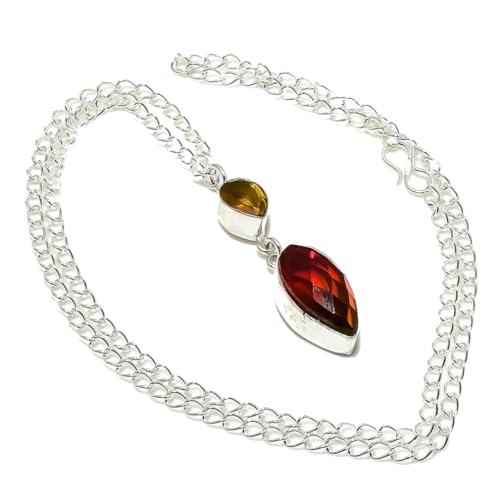 VACHEE Bi-Color Tourmaline, Citrine Quartz Multi-Stone Handmade Chain Pendant 2' Long For Women 925 Sterling Silver Plated Jewelry From 5733