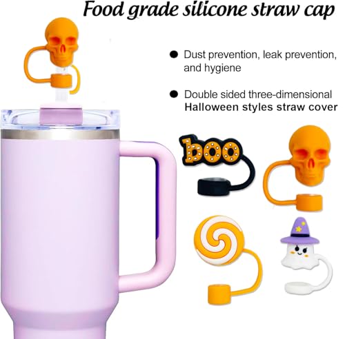 9PCS Halloween Straw Toppers for Stanley Cup Accessories, 10mm 0.4in Silicone Straw Cover for Stanley 30&40 Oz Tumbler with Handle