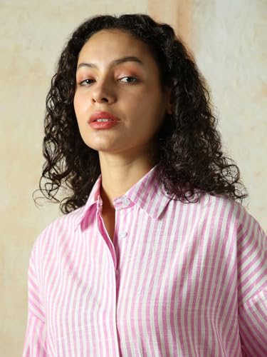 Image of HIGH Star Oversized Striped Cotton Shirt for Women | Stylish Tops for Women | Comfortable and Trendy Casual Shirt