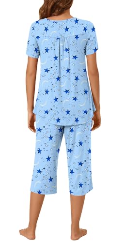 Image of Womens Summer Pajama Sets 2 Piece Short Sleeve Top and Capri Pants Plus Size Ladies Lounge Pjs Sets with Pockets