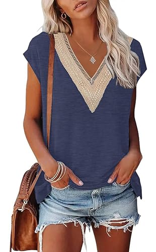 PLOKNRD T-Shirt D'été à Manches Courtes pour Femme Col en V et Élégant Décolleté Dentelle Été Top Lâche Classique Bleu Foncé M