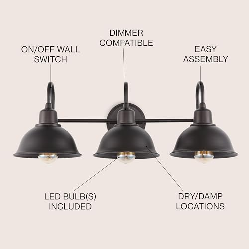Image of JONATHAN Y 27 inch Oil Rubbed Bronze Farmhouse Industrial 1-Light LED Vanity Wall Sconce for Bathroom Mirror Kitchen, Metal Shade, Dimmable Vintage Lighting, LED Bulb Included (JYL7483B)