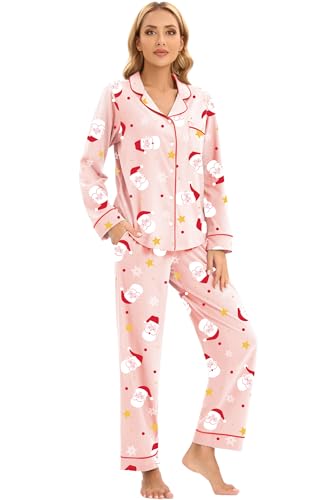 Image of LUBOT Christmas Pajamas for Women 100% Cotton Pajama 2 Piece PJ Set Soft Long Sleeve Button Xmas Print Loungewear XS-XXL