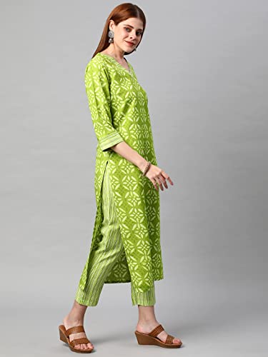 Image of GoSriKi Women's Cotton Blend Traditional Straight Printed Kurta and Pant Set (Sixty PARROT-Nw1-GS)