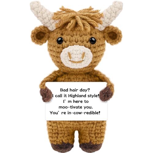 Image of Hoedia Positive Crochet Highland Cow with Inspirational Card, Emotional Stuffed Animal Self Care Gift, Get Well Birthday Gifts for Women Men Friends Coworkers