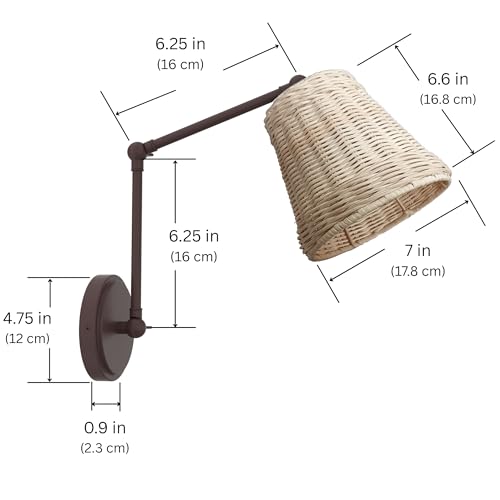 Image of Swing Arm Wall Lamp Set of 2, Hand Woven Rattan Wall Sconce, Hardwired Wall Mounted Light Fixture for Bedroom Living Room Bedside (Painted Bronze)