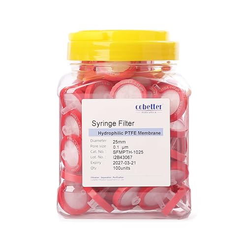 Image of 100 Pack Syringe Filter PTFE Hydrophilic Lab Filters 0.1μm Pore Size 25mm Diameter Filtration Non-sterile Red
