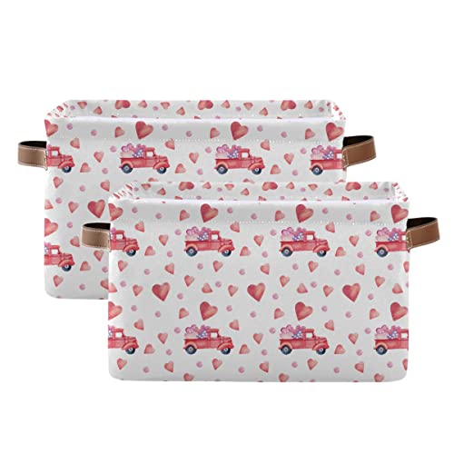 Image of Happy Valentine's Day Storage Basket Fabric Laundry Baskets Love Heart Pickup Truck Car Storage Boxes Organizer Bag for Baby Cloth Dog Toy Book Storage Cubes Shelf Closet Bins 16x12x8 Inches