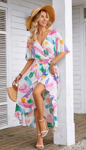 Image of Kormei Women Short Sleeve V Neck Floral High Low Flowy Summer Party Long Maxi Dress