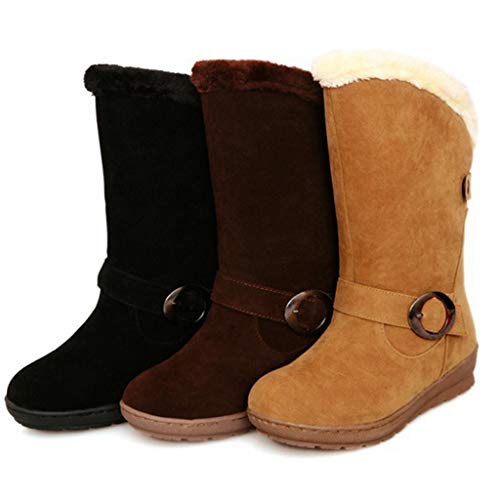 MIOKE Women's Winter Fur Snow Boots Mid Wide Calf Waterproof Suede Buckle Slip On Platform Warm Cotton Boot2