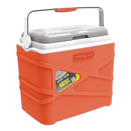 Pinnacle 10 Liter Insulated Cooler Lunch Box -Portable Camping/Picnic Hard Cooler –Coolbox Keeps Cool for 48 hrs. with Ice Retention–Heavy Duty Cooler for Beach, Grill, Travel,Tailgating,Small Orange