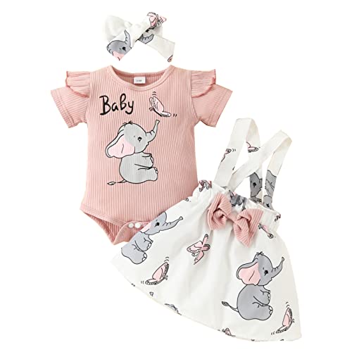 Image of Newborn Baby Girl Summer Outfit Ruffle Sleeve Ribbed Romper Suspender Skirt Overall Dress Headband Clothes 3Pcs
